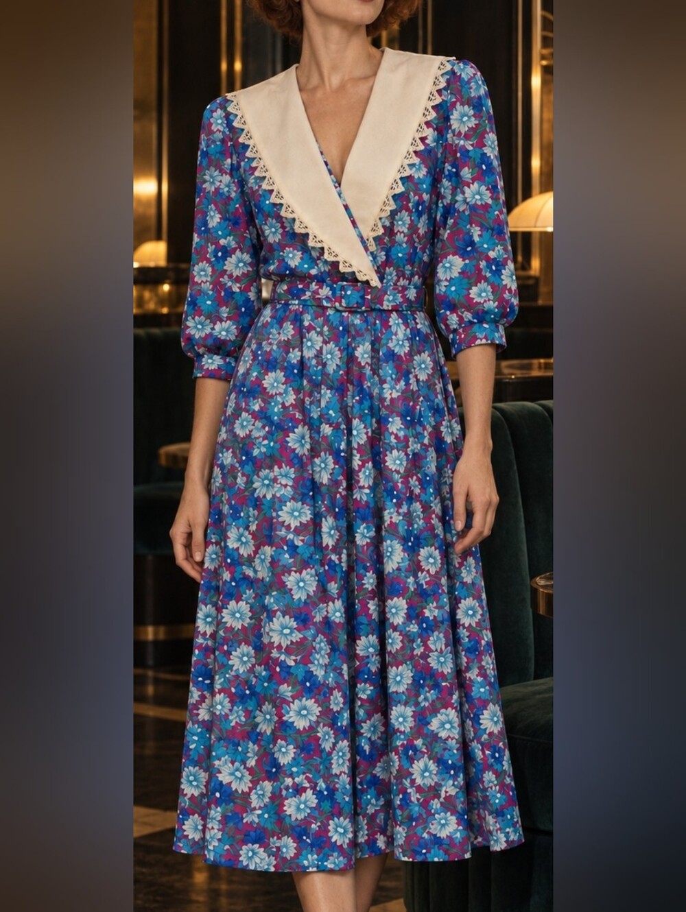 Vintage 1980s Floral Midi Dress Size 12 – Statement Sailor Collar & Belt